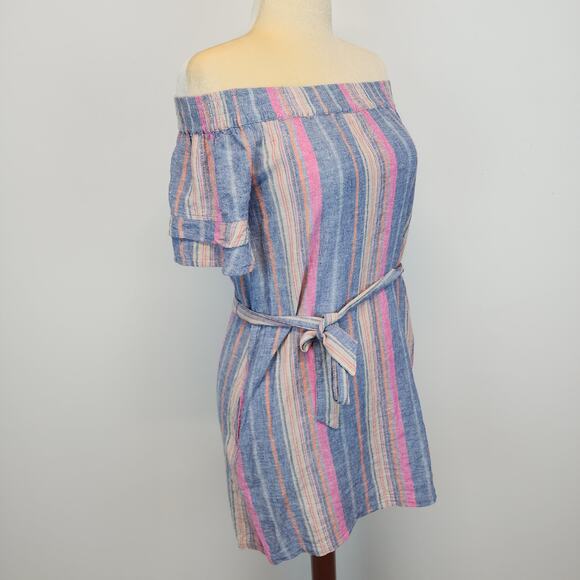 Soho Elastic Neck Mini Dress Size XS Pink Blue Striped Linen Blend Relaxed Fit - Picture 2 of 13